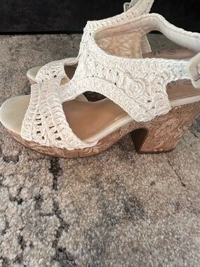 Impo White Crochet Platform Sandals with Carved Wood-Effect Heel
